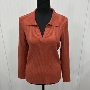Marine Layer Women's XL Orange Lexi Ribbed Knit Long Sleeve Polo Sweater Classic